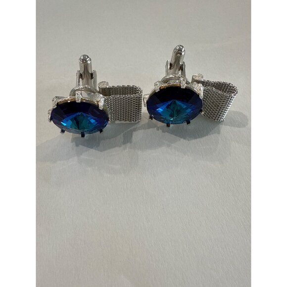 Vintage mesh cufflinks,  Blue Black Rivoli Glass stones 2 pair - Picture 3 of 7
